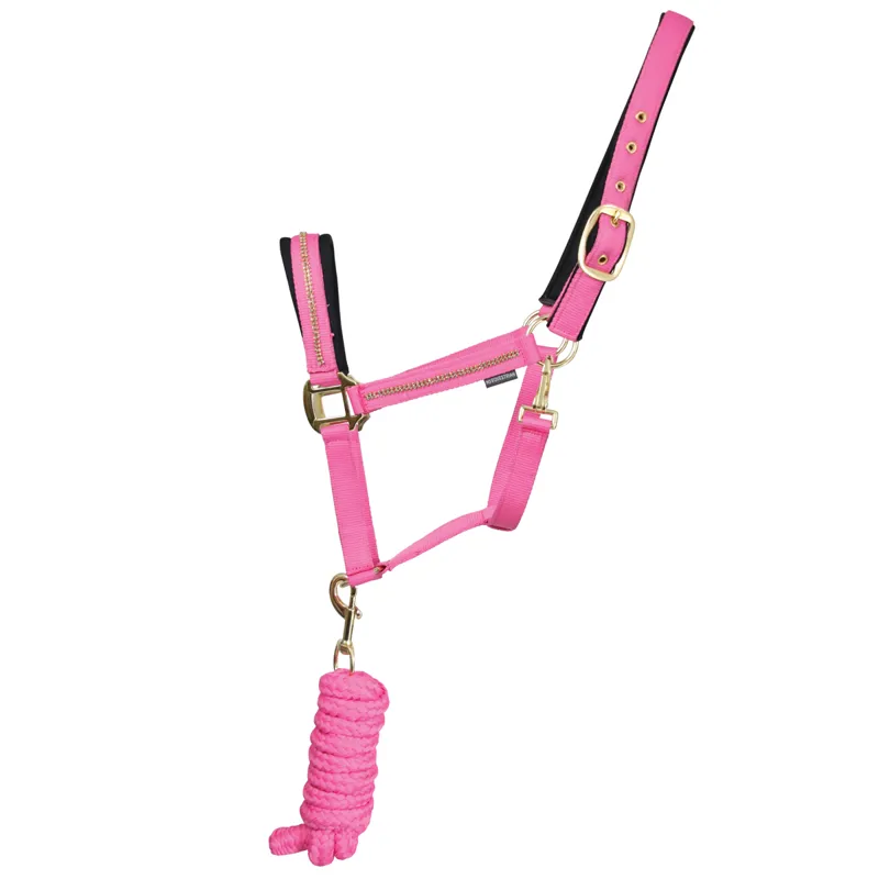 Hy Equestrian Sparkling Head Collar And Lead Rope Set - Pink/Gold